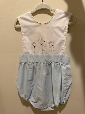 White Bodice Baby Bubble Romper with Giraffe Embroidery
